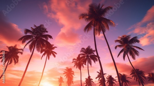 Palm trees silhouettes at sunset panorama, background, wallpaper, calm and relaxing, mental health, emotional balance © bedaniel
