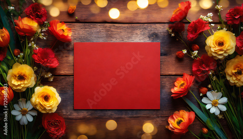 red writable card lies on a rustic wooden table surrounded by colorful flowers photo