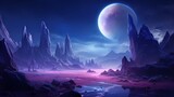 Otherworldly paradise: A surreal landscape with twin moons casting a purple glow
