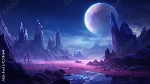 Otherworldly paradise  A surreal landscape with twin moons casting a purple glow