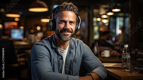 Adult man with headphones sitting in his studio comfortably listening to music