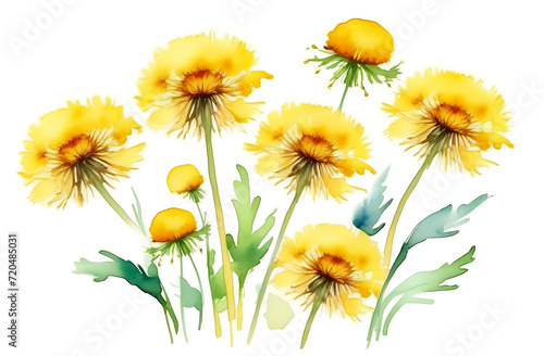 Watercolor illustration of a bouquet of yellow dandelions on a white background  greeting card