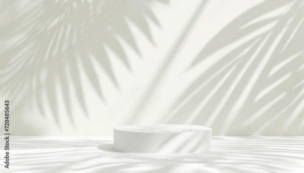 Minimal white podium with tropical palm foliage leaf shadow on wall, soft beautiful dappled sunlight, luxury hygiene organic cosmetic, skincare, beauty treatment product background 3D Minimal white podium with tropical palm foliage leaf shadow on wall, soft beautiful dappled sunlight, luxury hygiene organic cosmetic, skincare, beauty treatment product background 3D