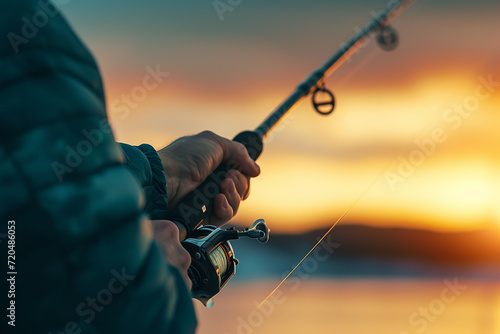 Canvas Print Hands of a man in a Up plan hold a fishing rod
