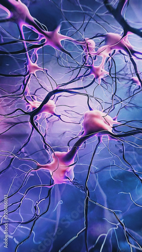 Structure of neural tissue consisting of neurons, nerve cells. Cell neurons with electrical impulses. Luminous synapse. Dendrites of neurons. Neural network. Network of neurons. Neuronal connections