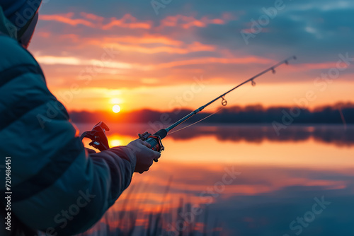 Hands of a man in a Up plan hold a fishing rod  photo
