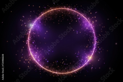 Violet glitter circle of light shine sparkles and bronze spark particles in circle frame