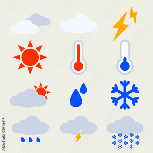 Cute color weather icon set. Cute weather icons for web. Forecast weather flat symbols. Pictogram vector icons.