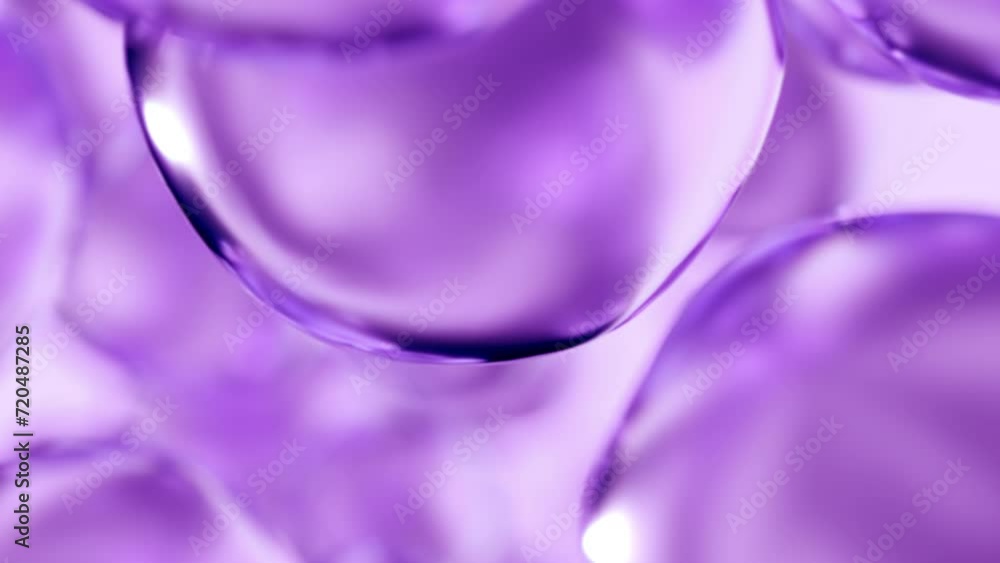 Liquid purple oil bubbles macro close up. Abstract cosmetic 3D animation background of fluid circles. Beauty care concept of decorative antioxidant peptide soap spheres in light water background. Liquid purple oil bubbles macro close up. Abstract cosmetic 3D animation background of fluid circles. Beauty care concept of decorative antioxidant peptide soap spheres in light water background.