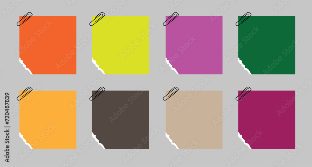 Set of colorful paper notes with clip and shadow. Vector illustration. Set of colorful paper notes with clip and shadow. Vector illustration.