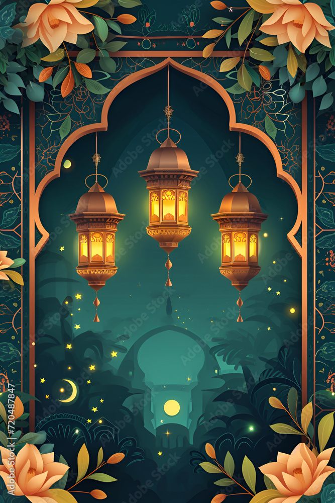 The blue background is framed by patterns, flowers and Arabic lanterns, Ramadan