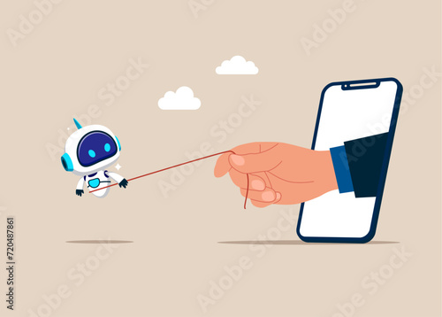 Businessman uses a rope to pull his robot. Freedom from slavery. Digital addiction. Flat vector illustration