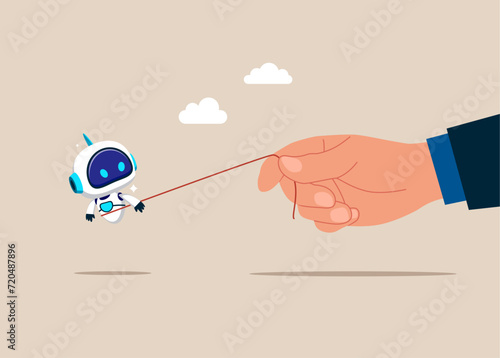 Robot running away afraid of hand businessman. Freedom from slavery. Flat vector illustration