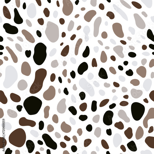 Seamless pattern with Dalmatian spots and cow prints. Animal fur texture surface.