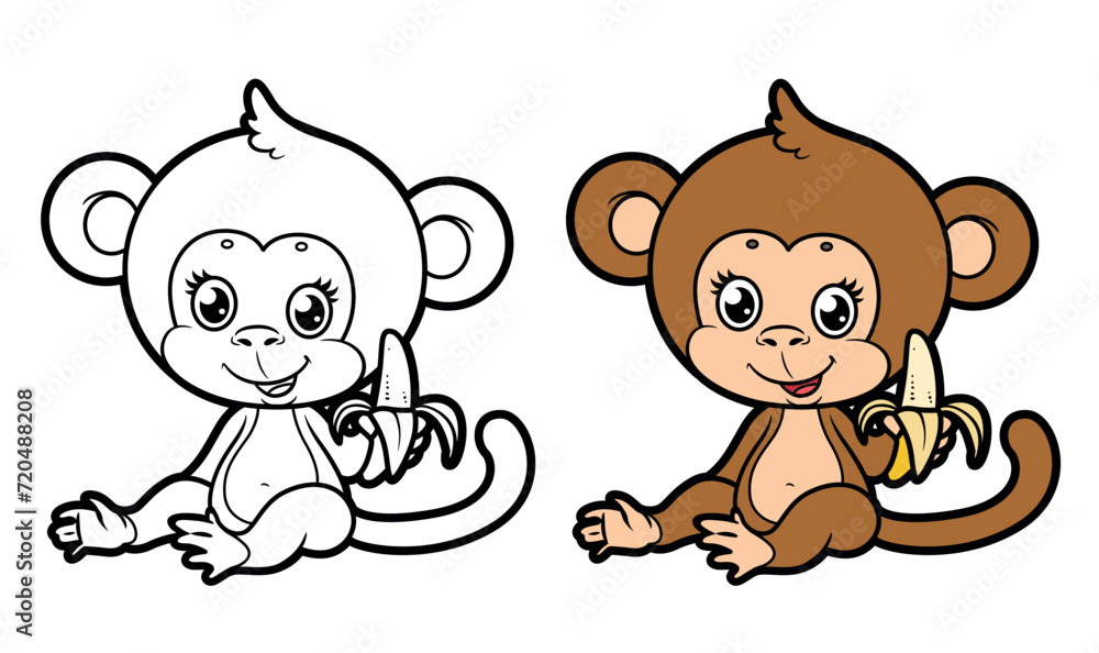 Obraz premium Cute cartoon smiling monkey with banana color and outlined for coloring on a white background