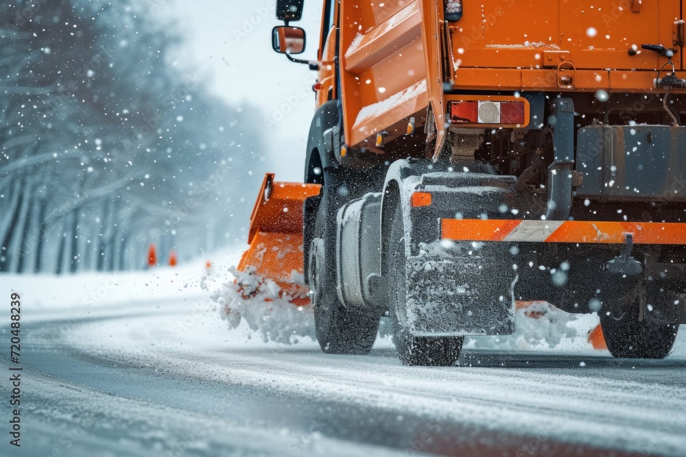 An orange plow truck is clearing snow from a snowy road. An orange plow truck is clearing snow from a snowy road.