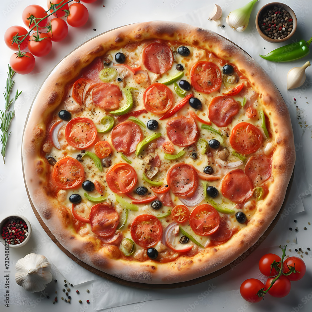 Pizza with tomatoes, pepper and olives on a white background, Generative AI