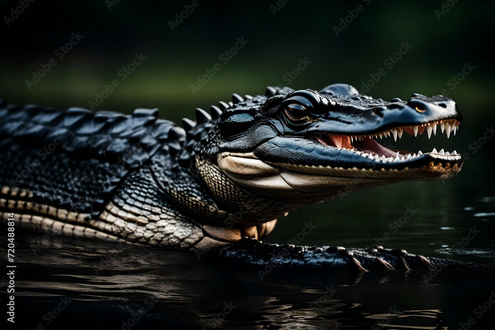 Fototapeta premium Craft a riveting AI-generated scene capturing the raw power and mystery of a Close-up of a Black Caiman in profile, its mouth agape, set against a defocused background at the water's edge.