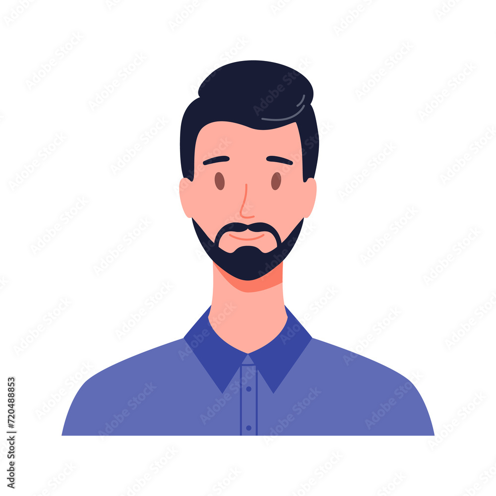 Portrait of a man with beard, front view. Modern flat Illustration on transparent background
