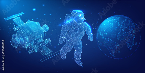 Visualization of space exploration elements with a digital astronaut, helicopter, and Earth globe in wireframe design. Digital Wireframe Space Exploration Trio: Astronaut, Helicopter, and Earth Globe