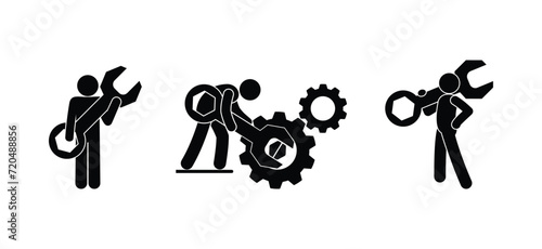 stick figure man icon, people repairing, mechanism and wrench