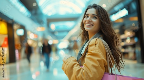 A smiling young woman strolling through the mall with bags, a happy girl with bags shopping in stores.