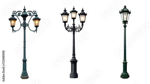 collection Set of different street lamp isolated on a transparent background. photo