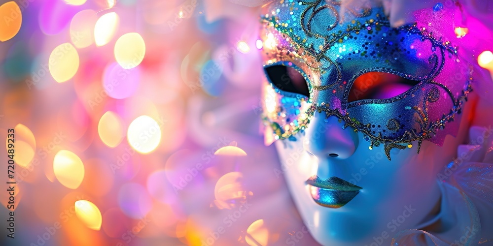Carnival Party. Venetian mask banner with defocused bokeh lights.
