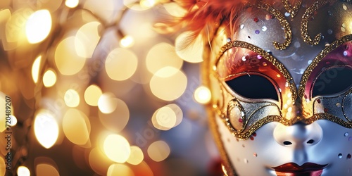 Carnival Party. Venetian mask banner with defocused bokeh lights. © Nopparat