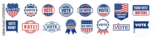 Vote banner. Vote sticker set. Flat style.