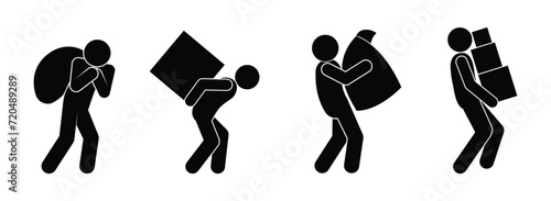 stick figure man icon, people carry bags and boxes