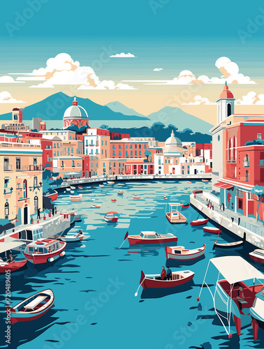 Illustration of Naples Italy Travel Poster in Colorful Flat Digital Art Style