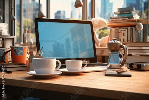 Modern workspace with computer coffee cup  workspace office room meeting table lid opened computer laptop background blank  Ai generated