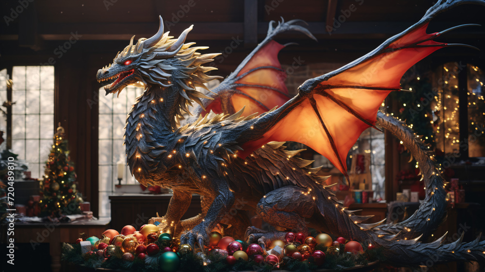 A joyous dragon-themed Yuletide gathering with exuberant adornments, including dragon trinkets, twinkling illuminations, and familial bliss. A joyous dragon-themed Yuletide gathering with exuberant adornments, including dragon trinkets, twinkling illuminations, and familial bliss.