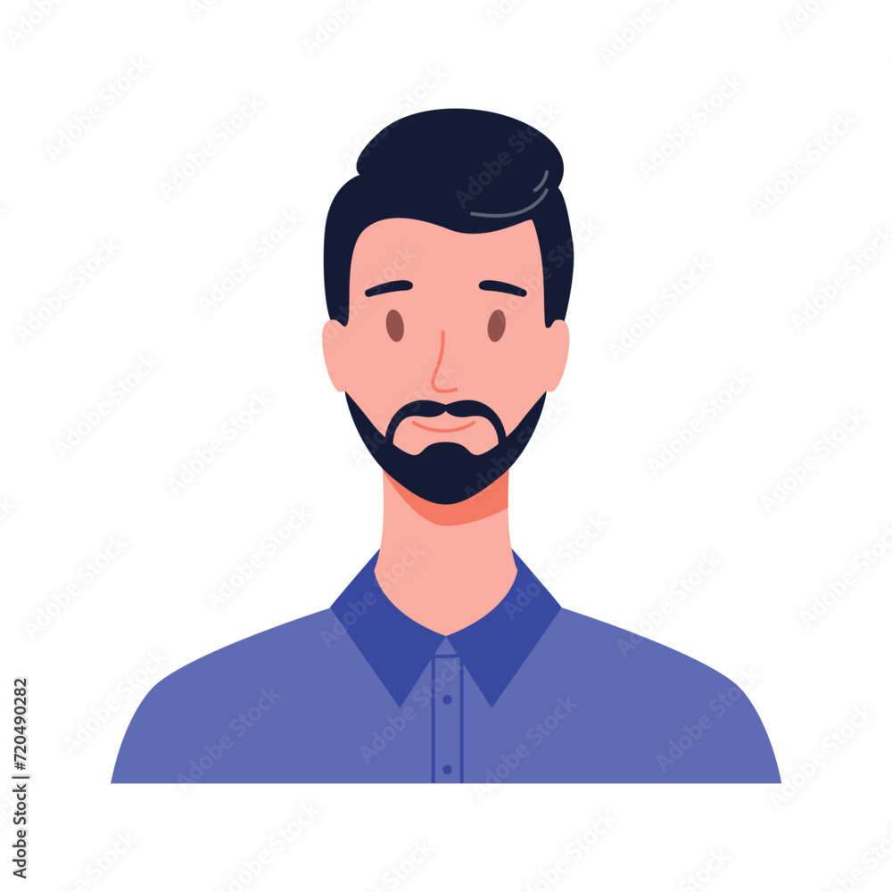 Portrait of a man with beard, front view. Modern flat vector illustration isolated on white background