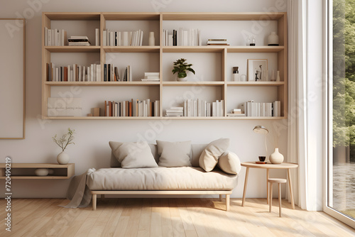 A Scandinavian room with built in wall mounted reading nook