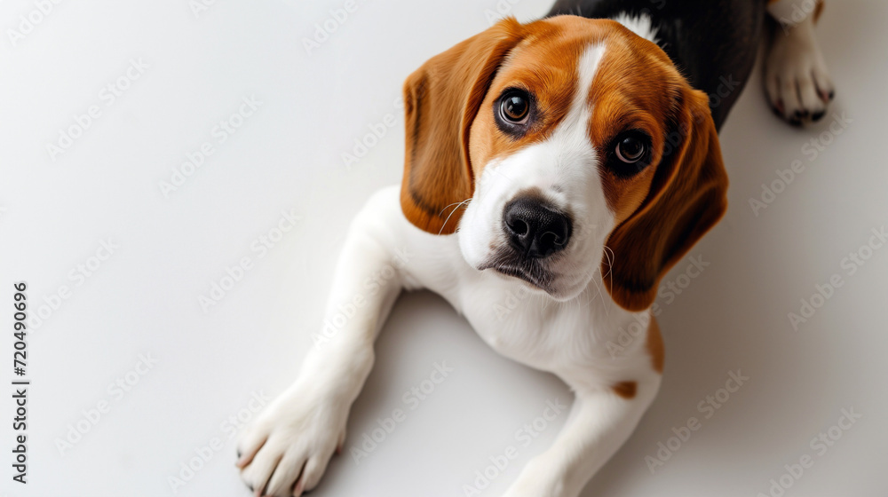 Cute beagle puppy laying on white floor with floppy ears, hound dog looking at camera, shot from above, room for type, pets, pet care, dog training, puppy training, family pet, and veterinary concepts - obrazy, fototapety, plakaty 