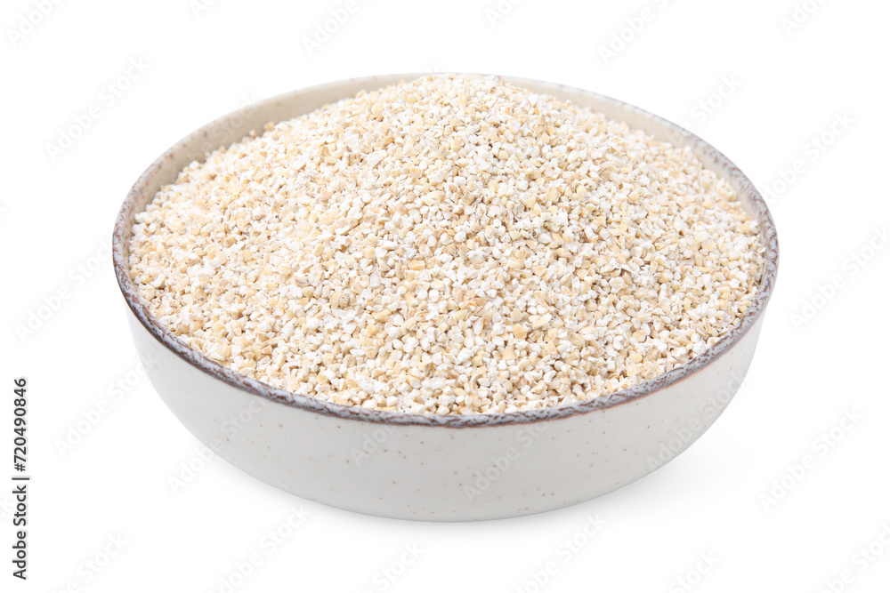 Dry barley groats in bowl isolated on white Dry barley groats in bowl isolated on white