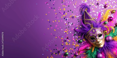 Happy Mardi Gras poster. A banner template with Venetian masquerade decorations, mask, confetti and feathers isolated on purple background, copy space. Costume party flyer for carnivals.