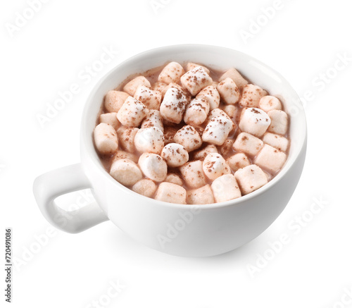 Cup of aromatic hot chocolate with marshmallows and cocoa powder isolated on white