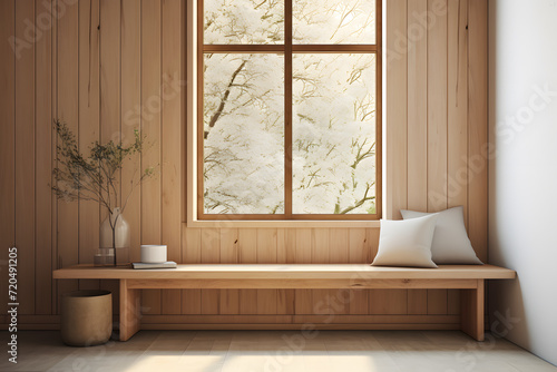 A Scandinavian room with custom built in wooden bench seat 