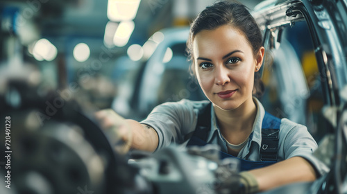Female Automotive Worker Assembling Vehicle on Production Line - Industrial Manufacturing, Skilled Labor, Engineering, Quality Control, Automotive Industry photo