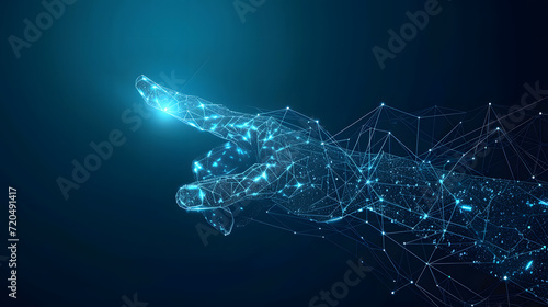 An abstract image of a digital hand appears on a bright blue technological background consisting of interconnected lines, dots and triangles. advances in internet technology. Generative AI