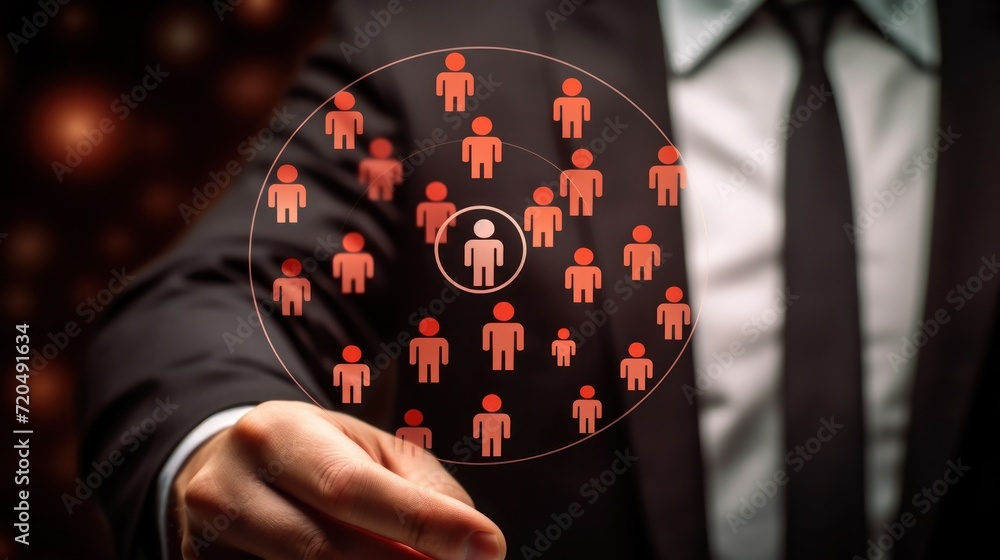 Fototapeta premium HRM or Human Resource Management, manager icon which is among staff icons for human development recruitment leadership and customer target, resume, interview. generate by AI