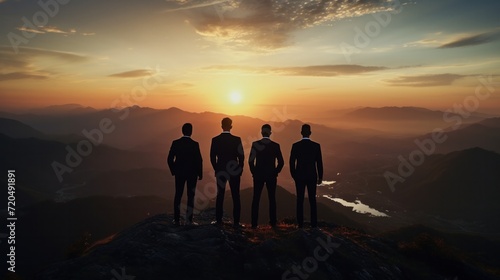 Silhouette of business team stand and feel happy on the most hight at the mountain on sunset  success  leader  teamwork  target  Aim  confident  achievement  goal  on plan  finish  generate by AI