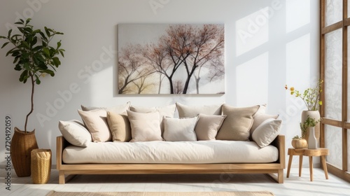 interior design of modern living room with beige fabric sofa and cushions. White wall with frame and space for text  living  furniture