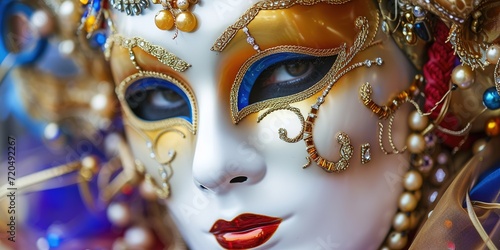 Venetian carnival mask and beaded jewelry on a woman, close-up. Von Mardi Gras. Venice Carnival.