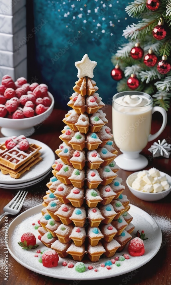 a festive and delightful scene featuring a sweet waffle Christmas tree. a festive and delightful scene featuring a sweet waffle Christmas tree.