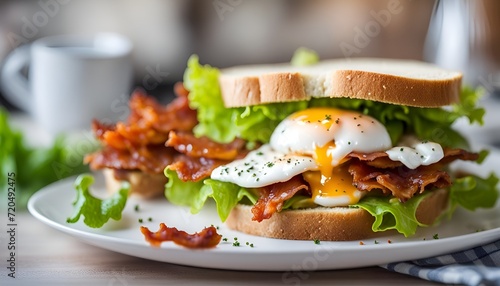 Sandwich with fried bacon, poached egg and lettuce on the kitchen table. Tasty breakfast or lunch. 