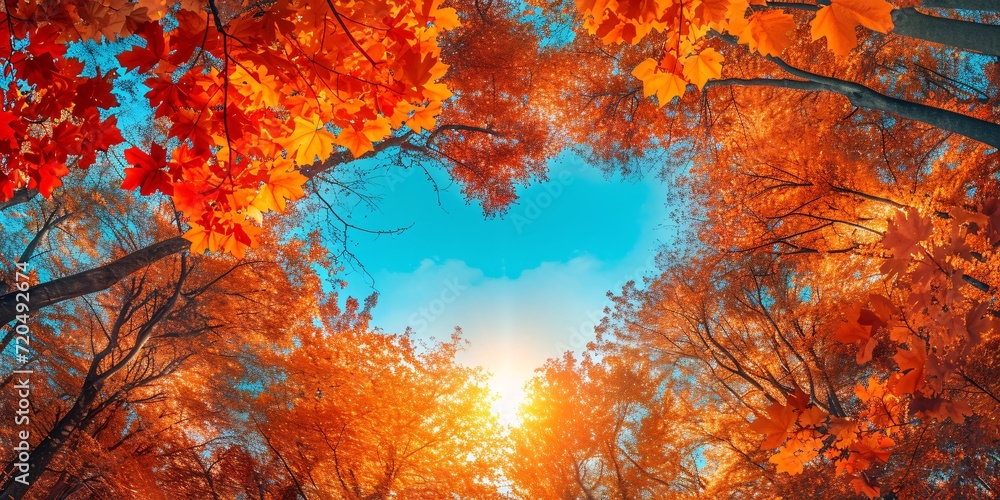 Fall forest setting with bright and lively red and orange trees, changing leaves in the month of October, with a sunny sky and radiant light creating a beautiful banner image.
